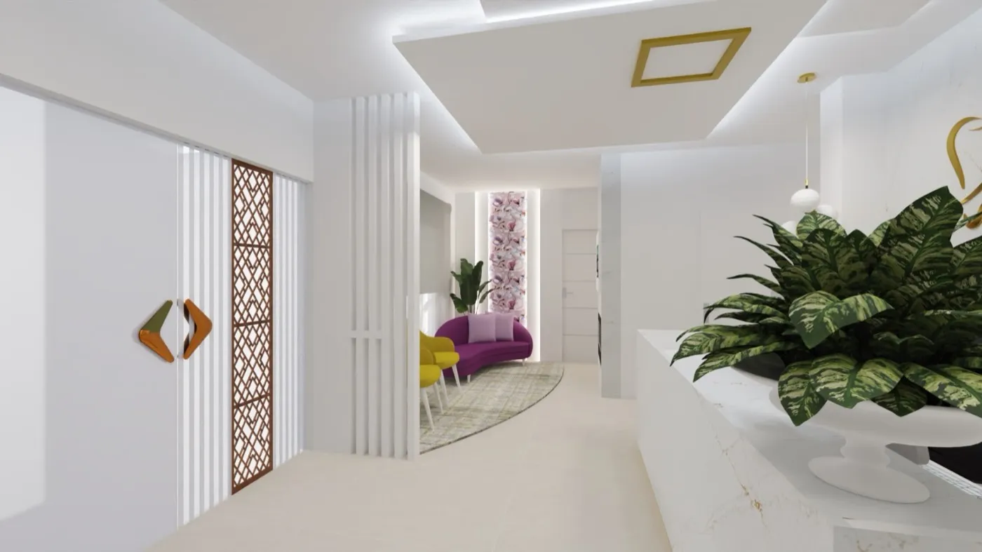 Projeto de decoração em 3D de um espaço comercial com balcão de atendimento e zona de espera