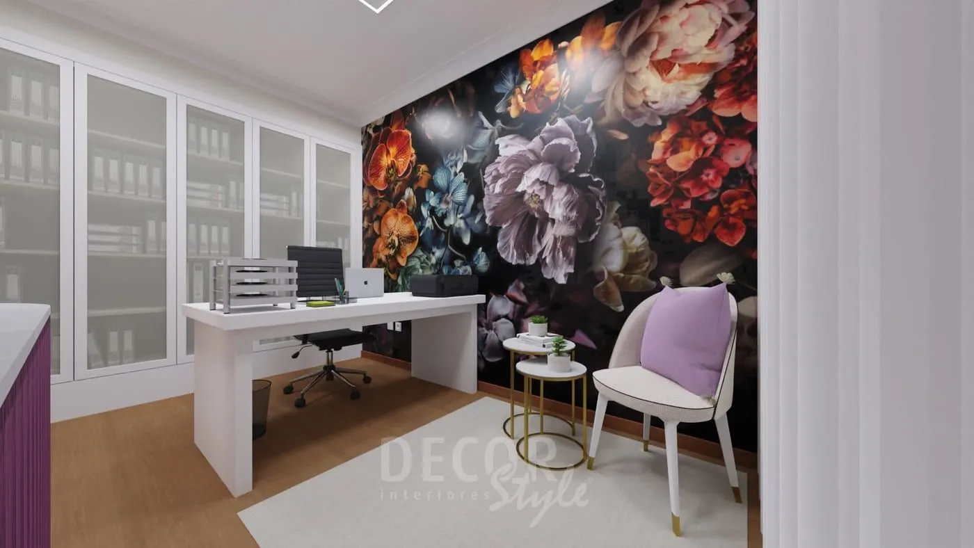 Projeto de decoração em 3D de um escritório com secretária e estantes