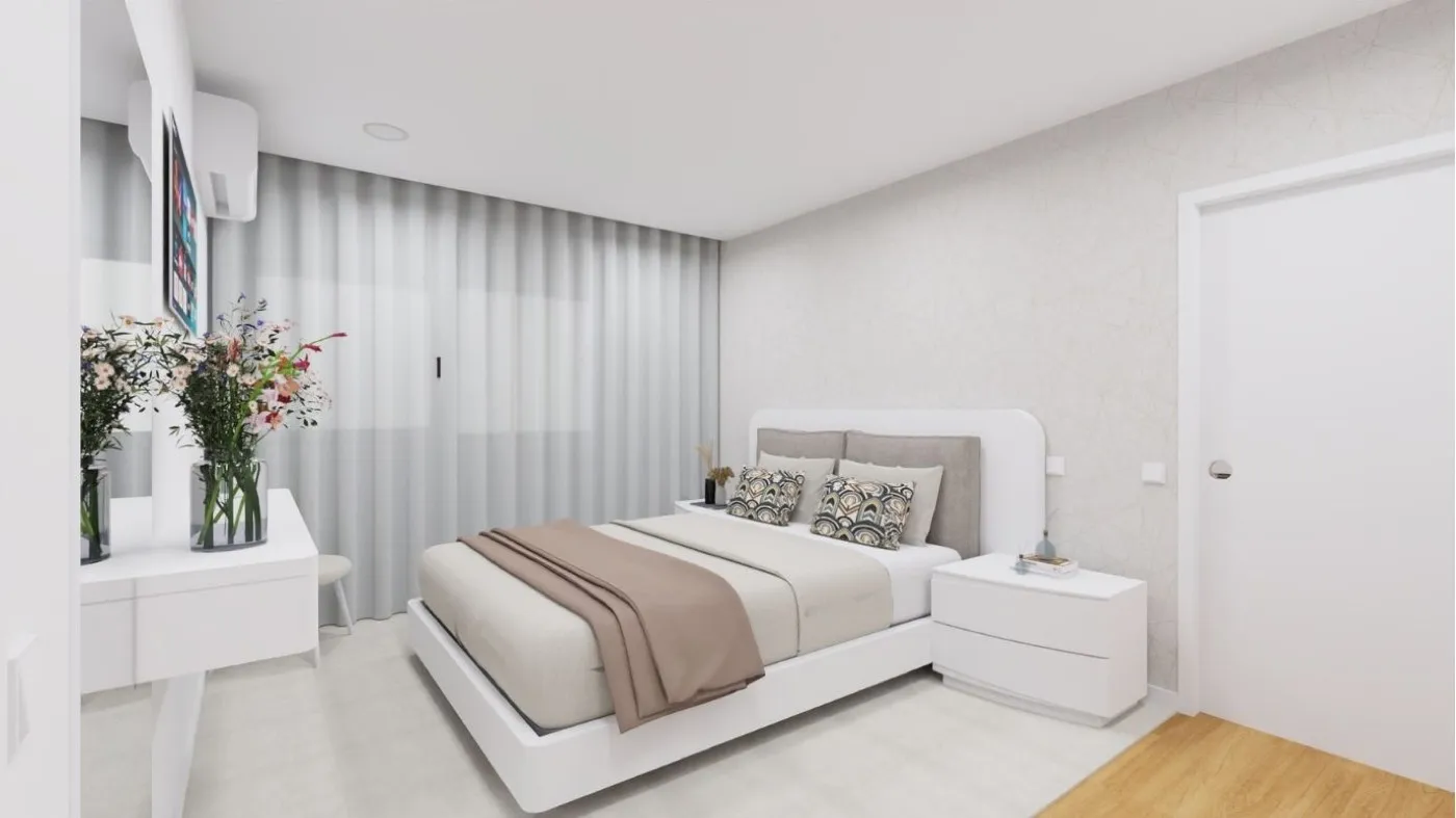 Projeto de decoração em 3D de um quarto com cama, mesas de cabeceira e toucador