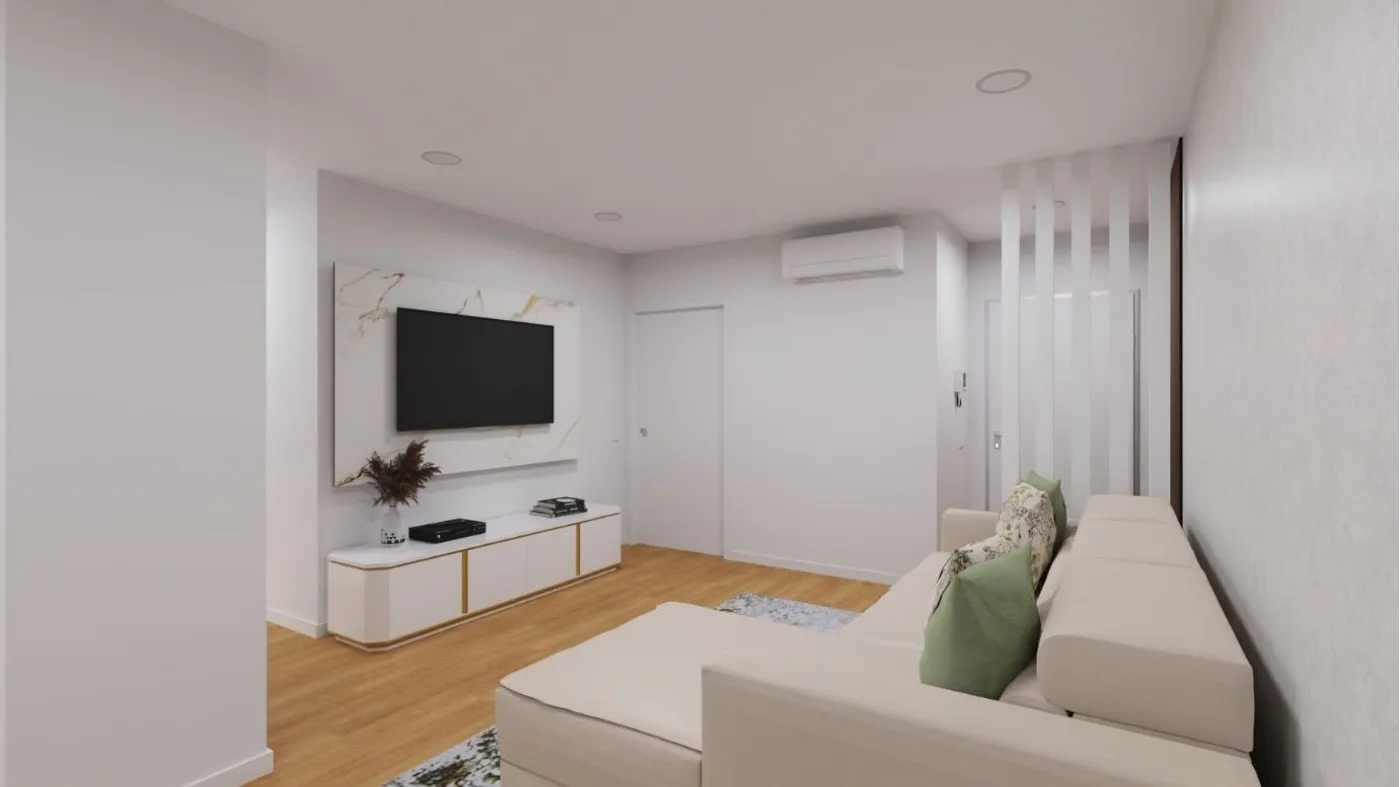 Projeto de decoração em 3D de uma sala de estar com sofá e móvel de TV