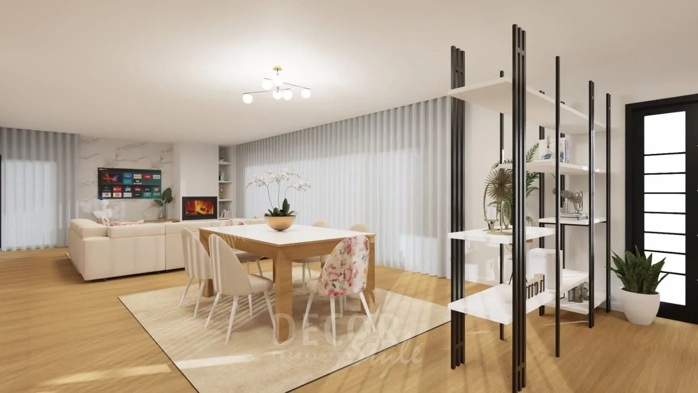 Projeto de decoração em 3D de uma sala de jantar com mesa, cadeiras e aparador