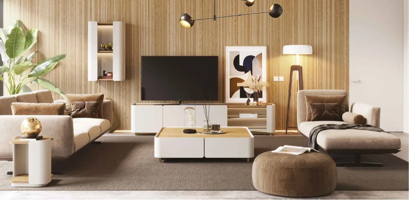 Sala de estar com sofá, chaise longue e móvel de TV sobre parede ripada
