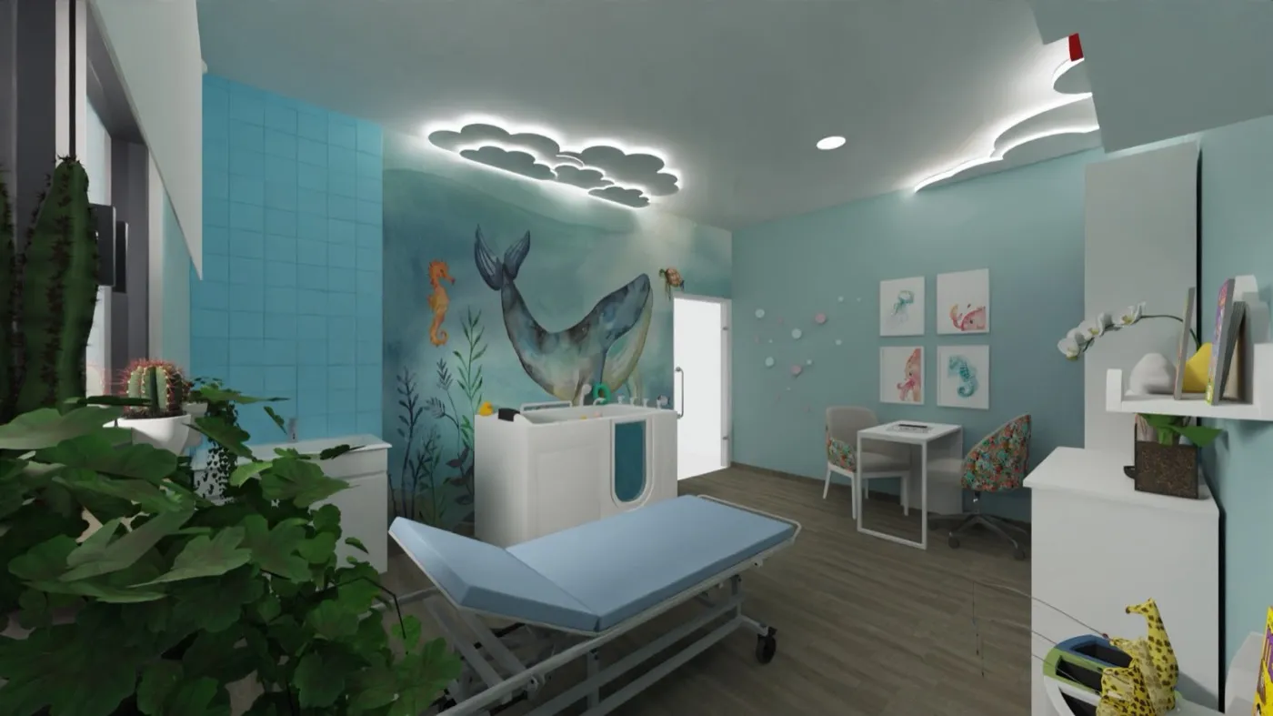 Projeto de decoração em 3D de uma sala de fisioterapia pediátrica com mural de fundo do mar