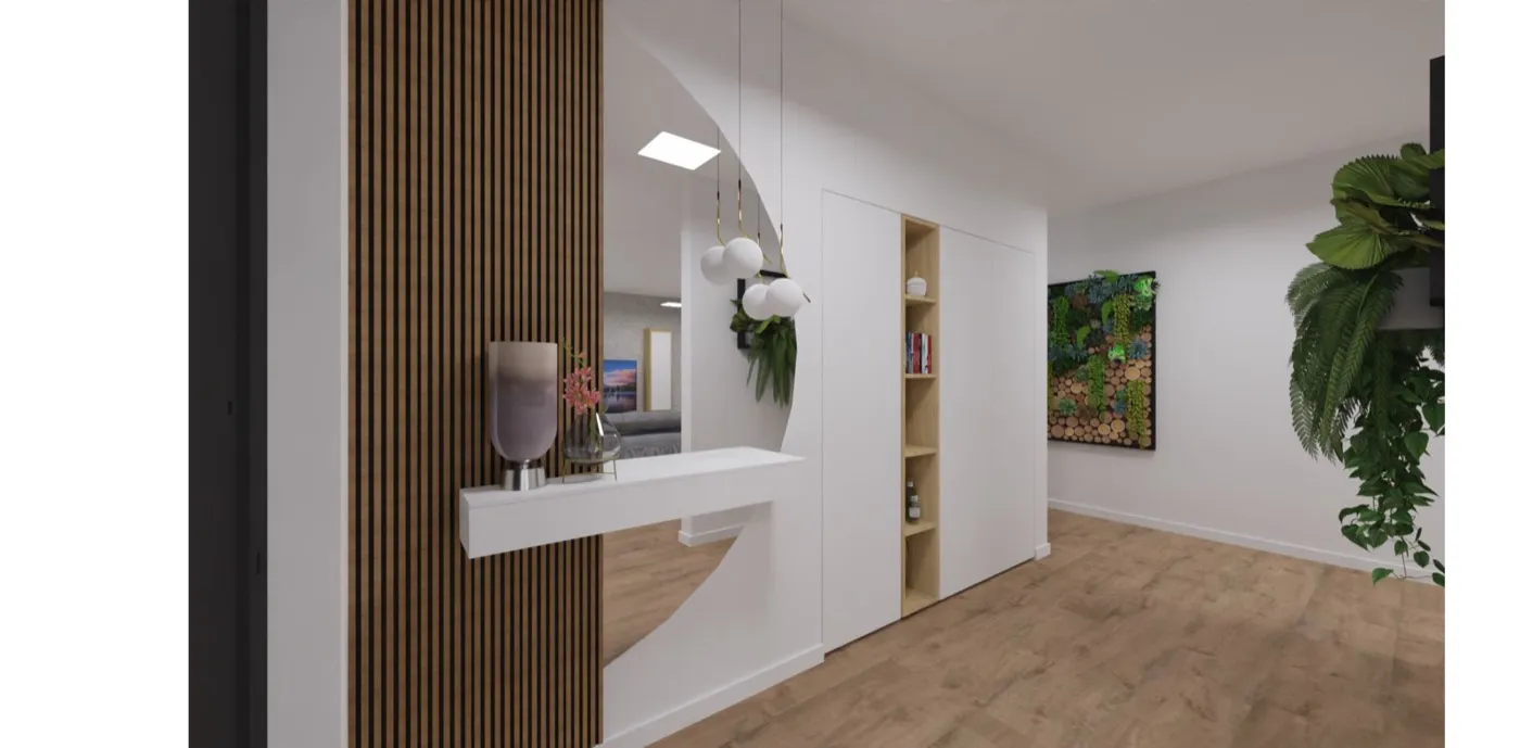 Projeto de decoração em 3D de um hall de entrada com consola suspensa, painel ripado e parede vegetal
