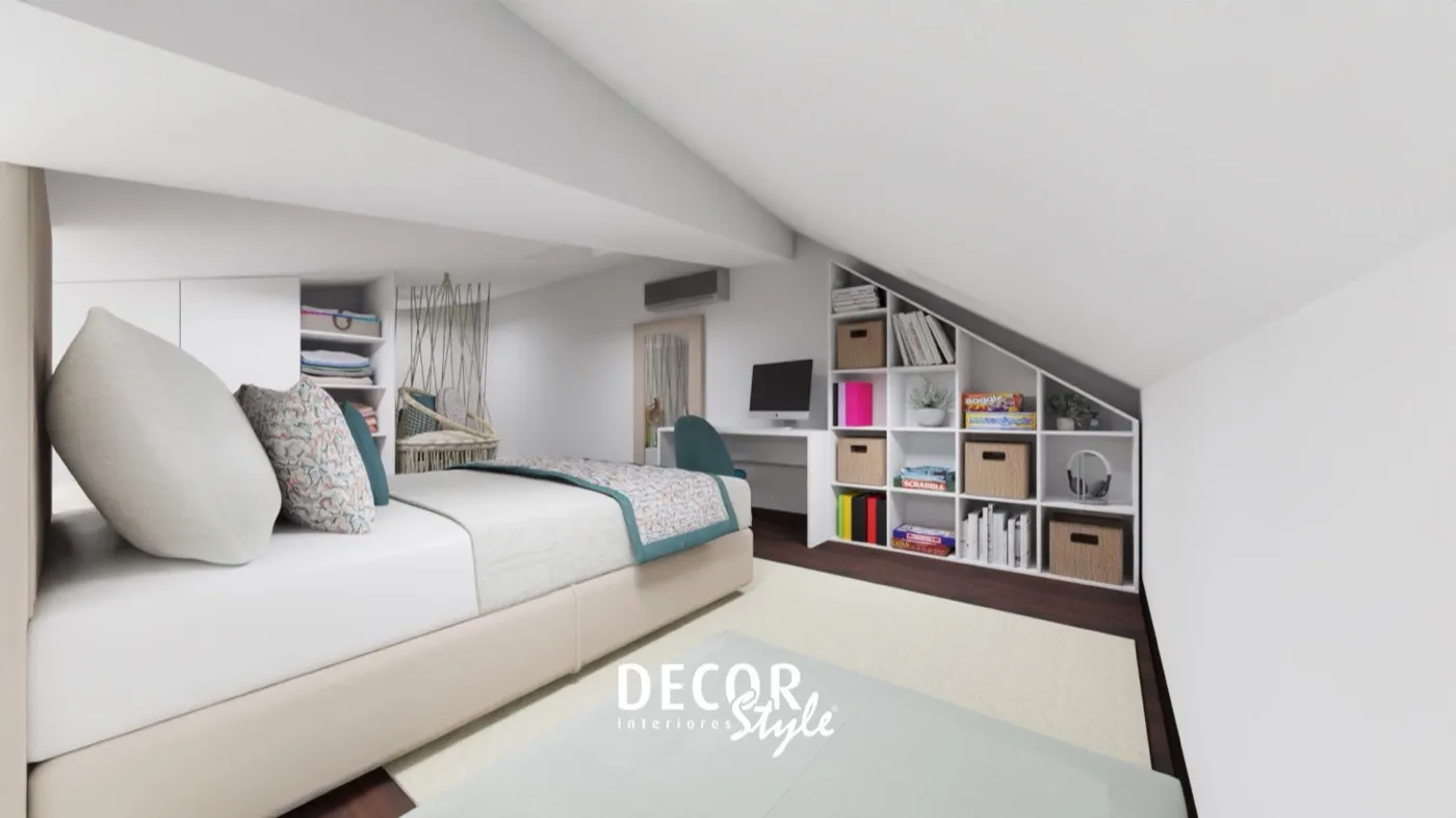 Projeto de decoração em 3D de um quarto sob teto inclinado, com estante feita à medida da água do telhado
