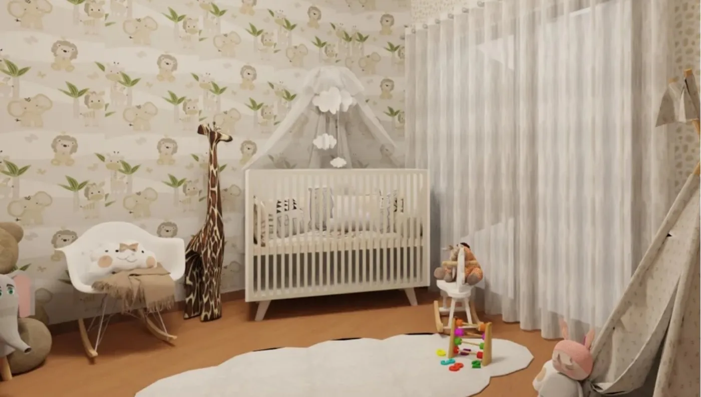 Projeto de decoração em 3D de um quarto de bebé com berço, papel de parede de animais e tenda de brincar