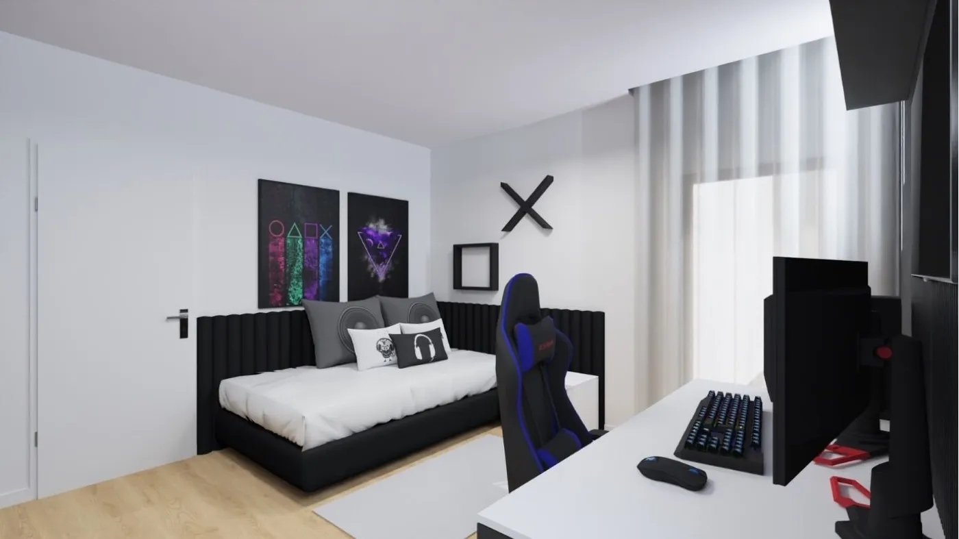 Projeto de decoração em 3D de um quarto gamer com cama estofada preta, cadeira de gaming e secretária