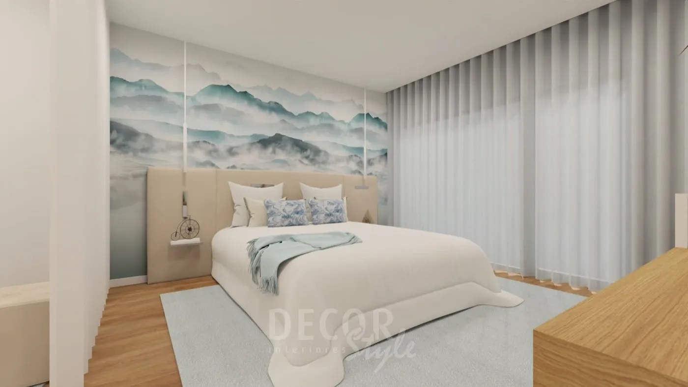 Projeto de decoração em 3D de um quarto de casal com mural de montanhas e cabeceira estofada
