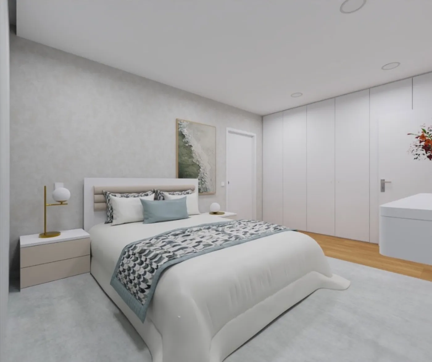 Projeto de decoração em 3D de um quarto de casal com roupeiro de portas lisas até ao teto