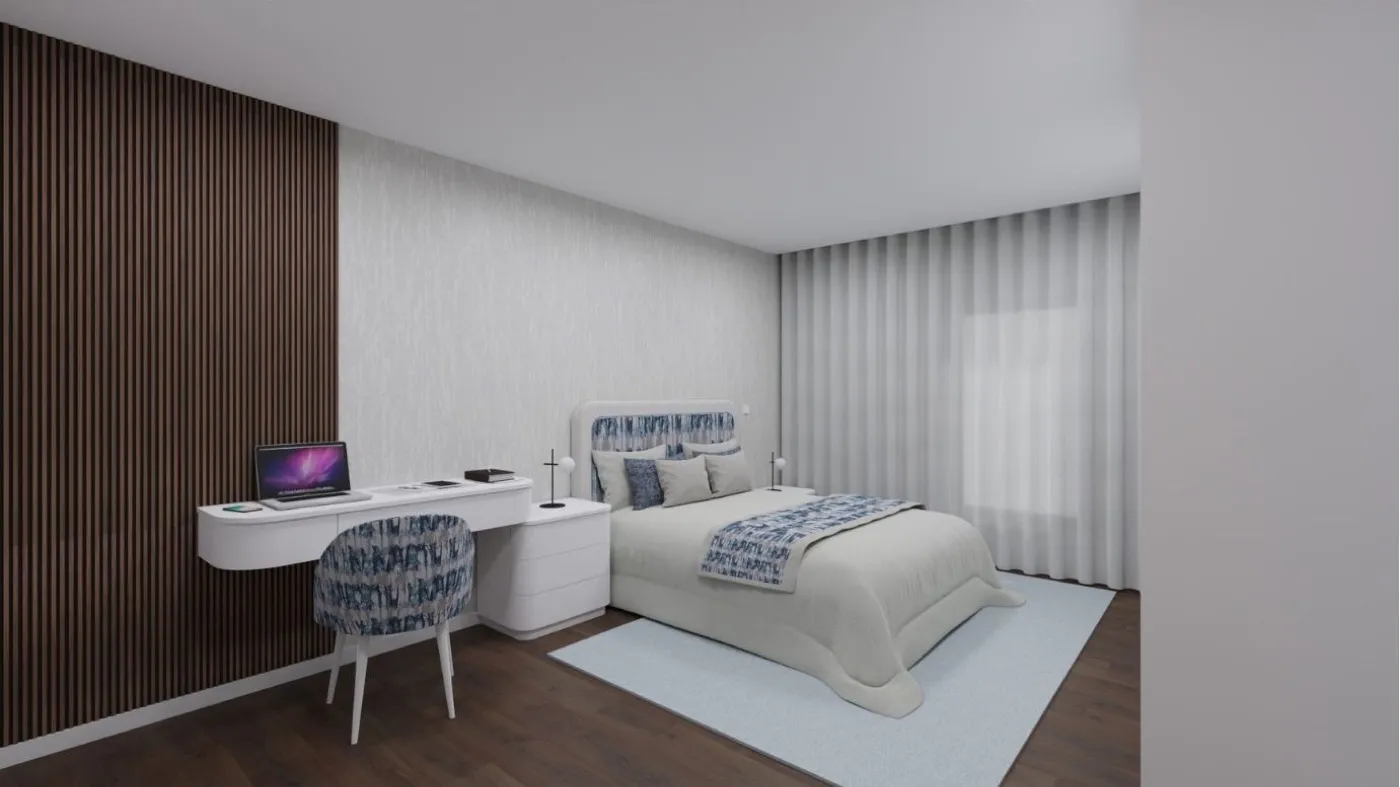 Projeto de decoração em 3D de um quarto de casal com secretária suspensa e painel ripado