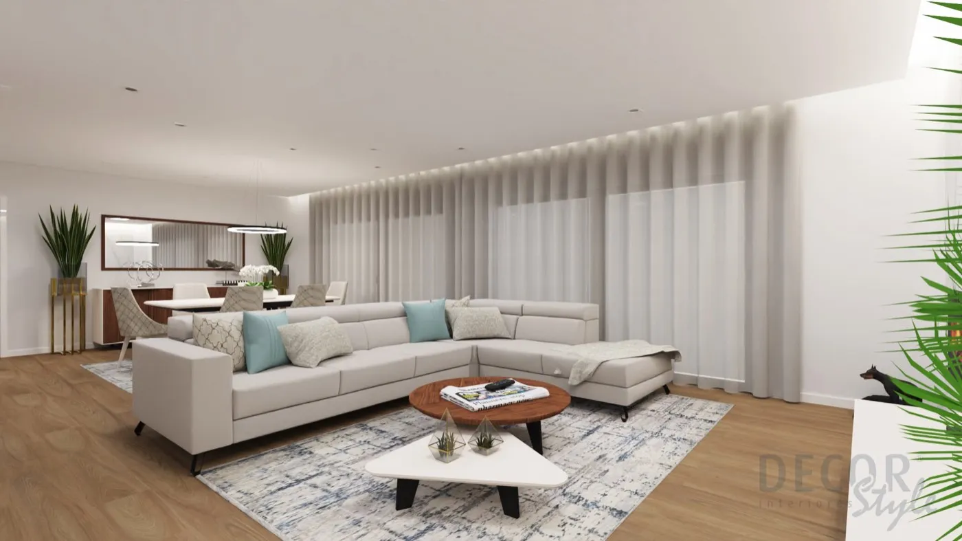 Projeto de decoração em 3D de uma sala de estar aberta sobre a sala de jantar, com sofá de canto