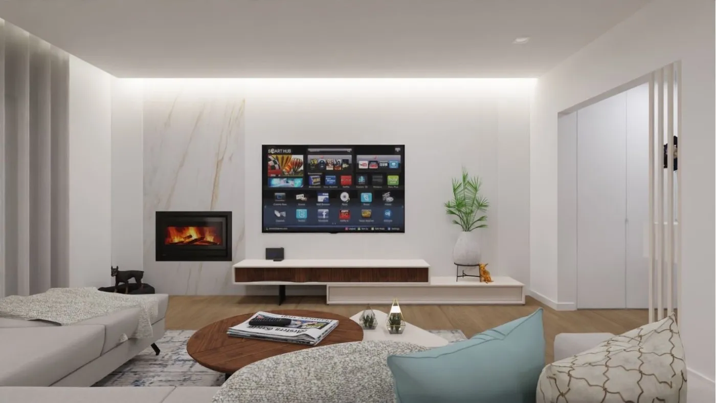 Projeto de decoração em 3D de uma sala de estar com lareira e televisão sobre painel de mármore