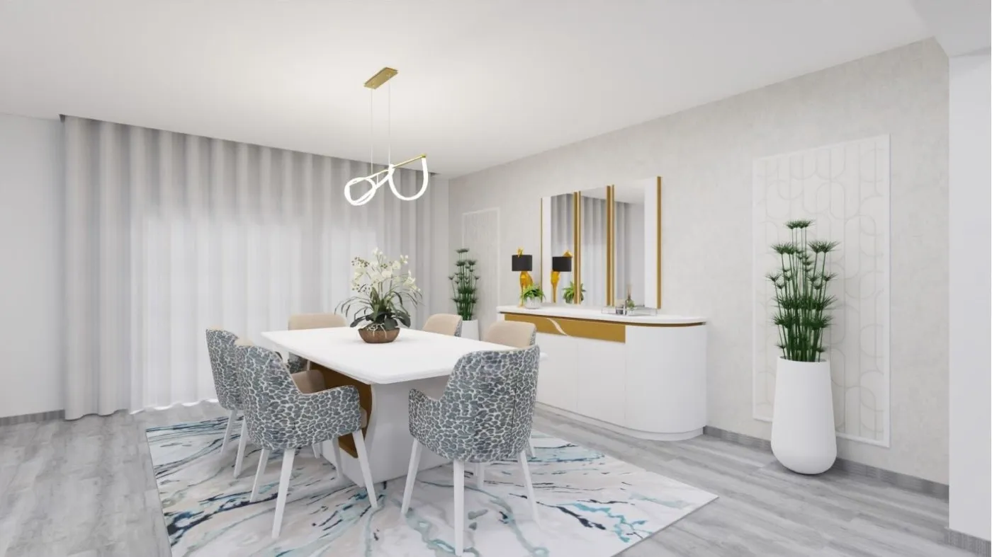 Projeto de decoração em 3D de uma sala de jantar com mesa branca, cadeiras estampadas e aparador