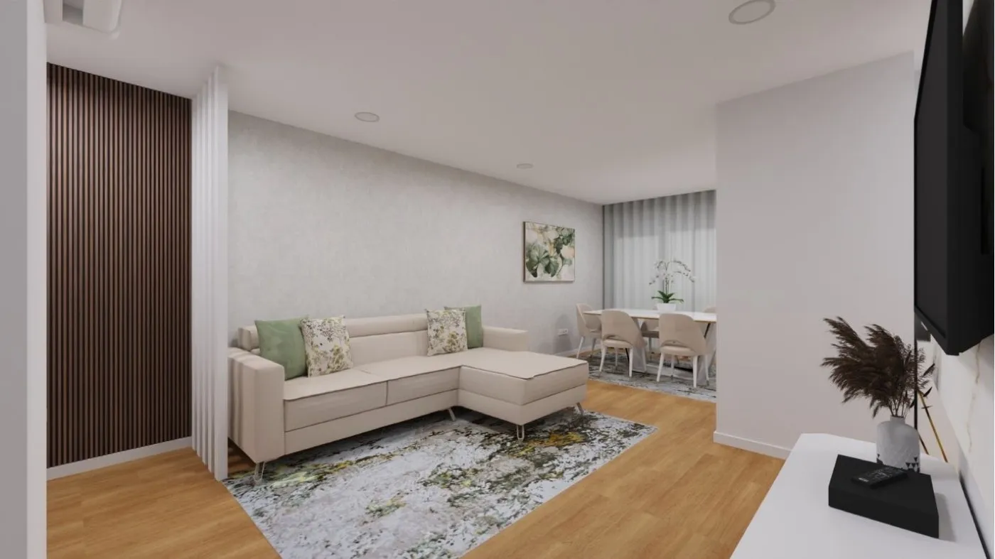 Projeto de decoração em 3D de uma sala pequena com sofá de chaise longue e zona de refeições ao fundo