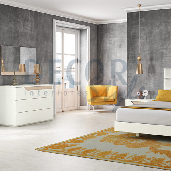 quarto de casal curve elegante e moderno em branco com cómoda mesa de cabeceira e espelho